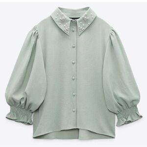 Zara   Mint Green Blouse with Pearl and Jewel Collar and Puff Sleeves.